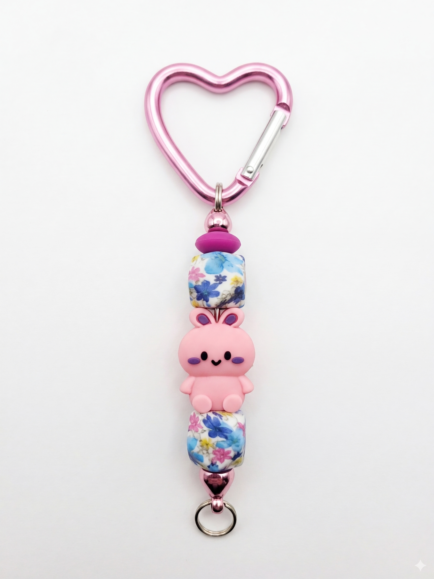 Sweet Pink Bunny Floral Beaded Keychain with Heart Carabiner